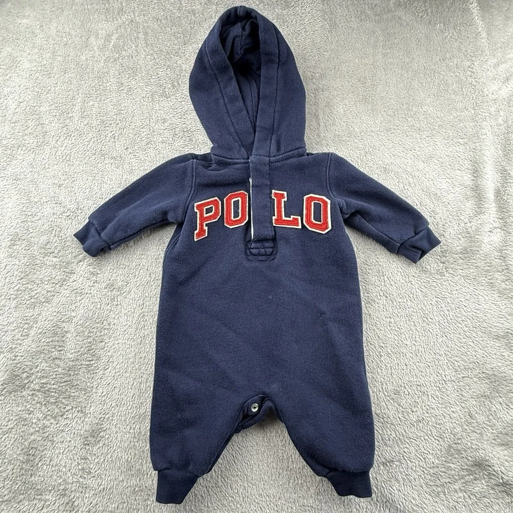 Ralph Lauren Sweatshirt Romper Baby Boys 3 Months Blue Red Polo Spell Out Preppy